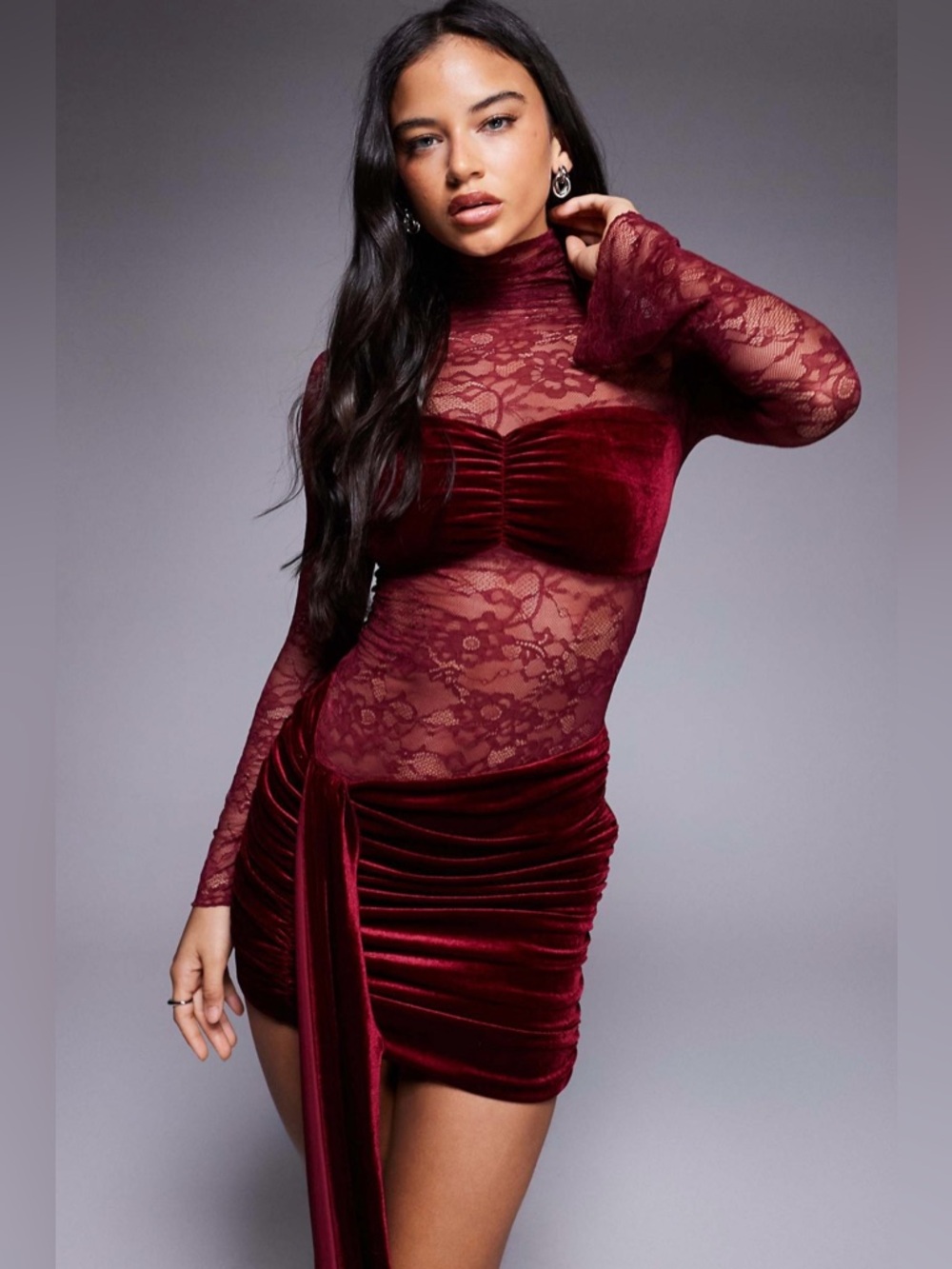 Wanderdoll
Sasha lace high neck velvet drape detail mini dress in wine